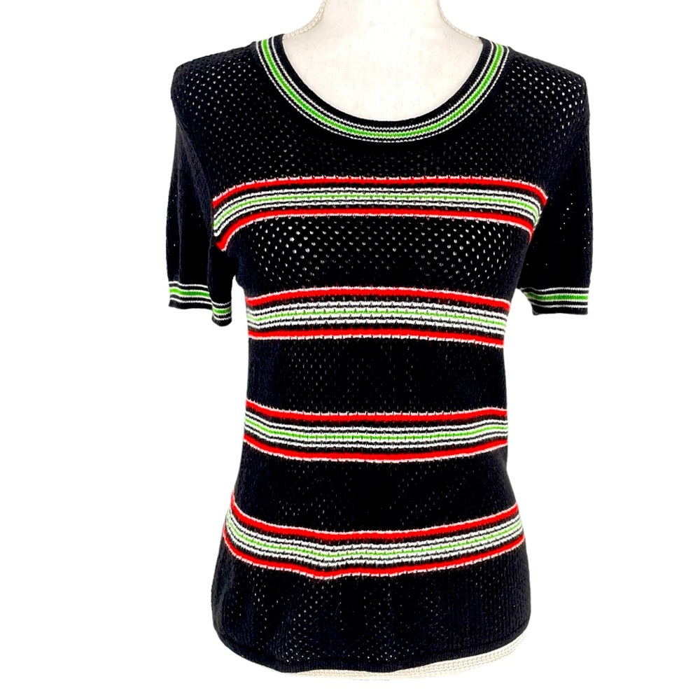 Rag & Bone Darcie Open Knit Striped Short Sleeve Top Black/Green Women’s M